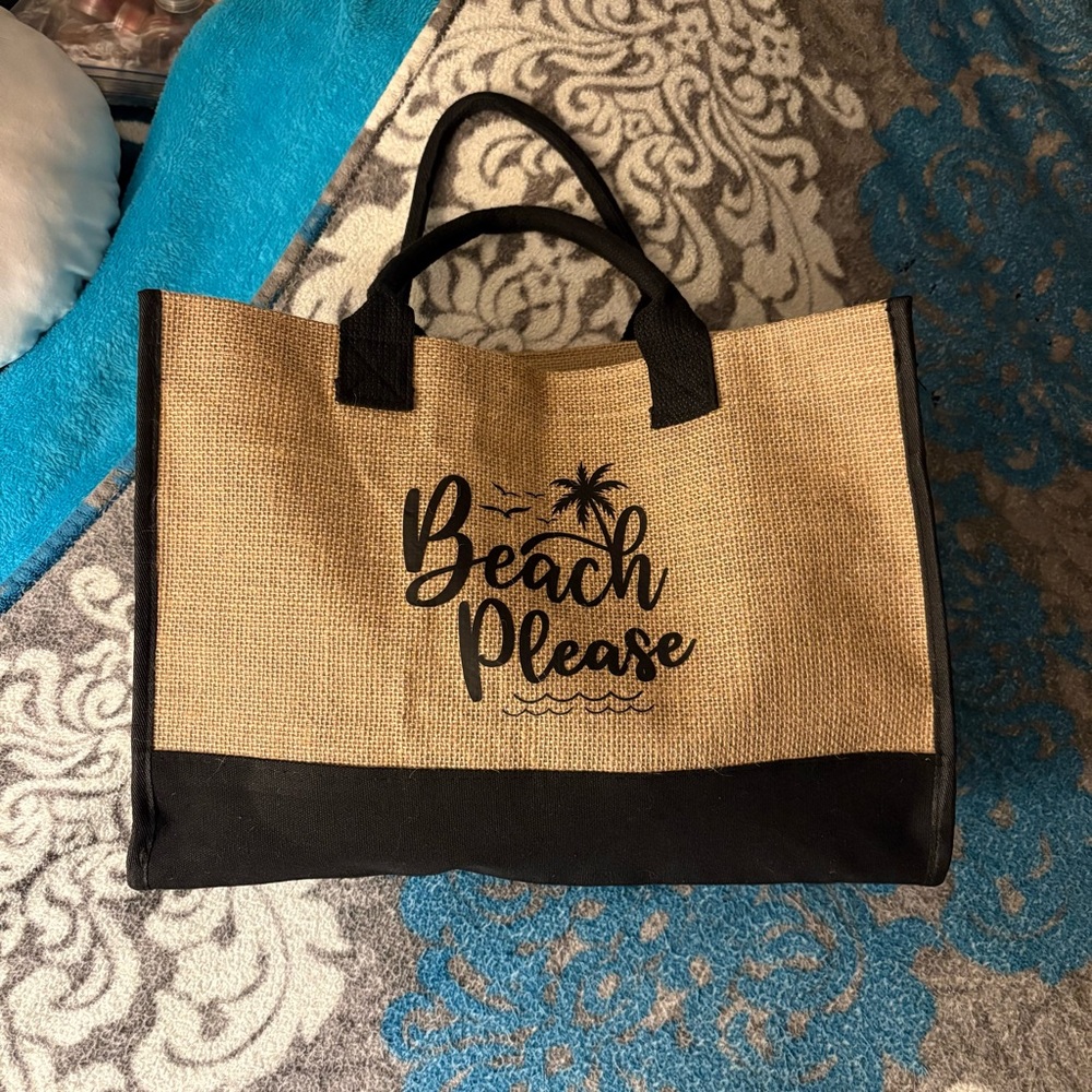Beach Please Tan and Black Tote Bag